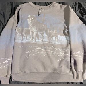 Vintage Gray Wolf Print Sweatshirt
